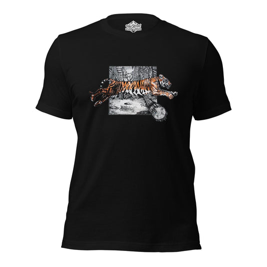 "Tiger Leap" Black T-Shirt with Art by Adam W. Burke