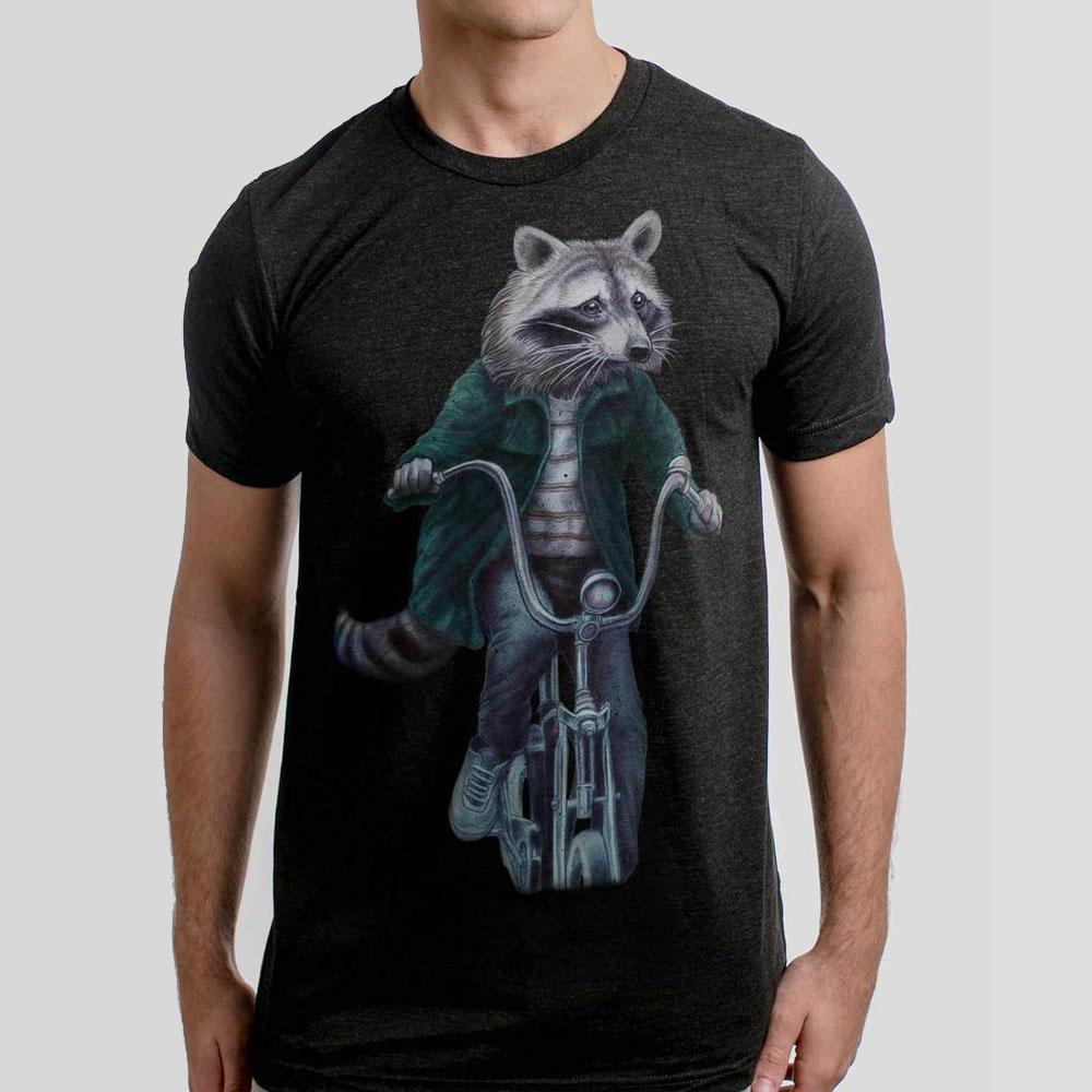 Raccoon On A Bike Heather Black T-Shirt by Curbside Clothing